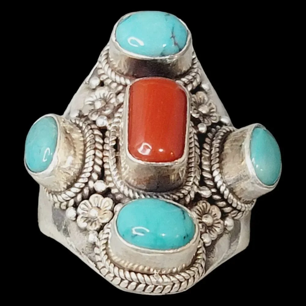 Heavy Native‎ American Turquoise Coral Sterling Silver Ring 9 Adjustable 13.27g